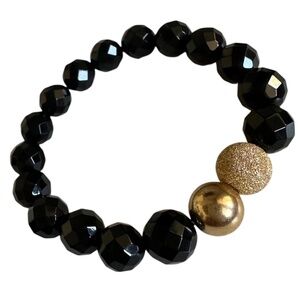 Faceted Polished Onyx Stretch Bracelet with 14k Gold Filled Ball Spacers